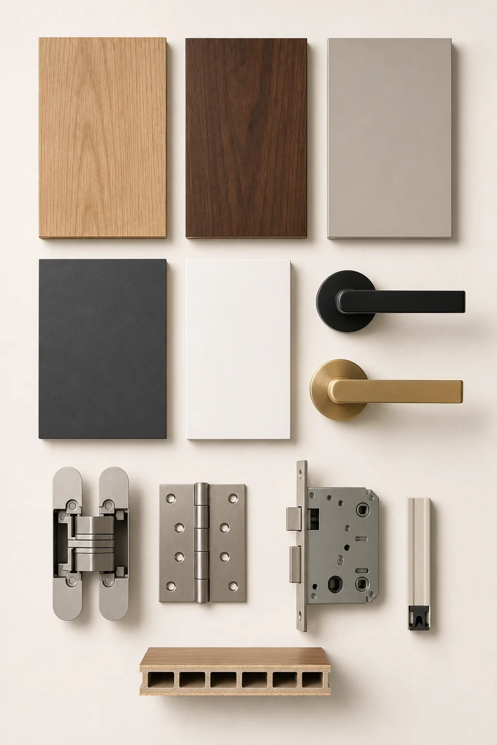 Door finish boards, hinges, handles and hardware samples