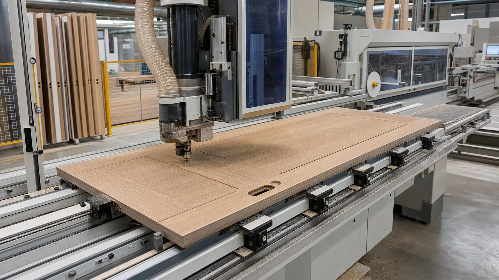 Door leaf being prepared on CNC machining equipment