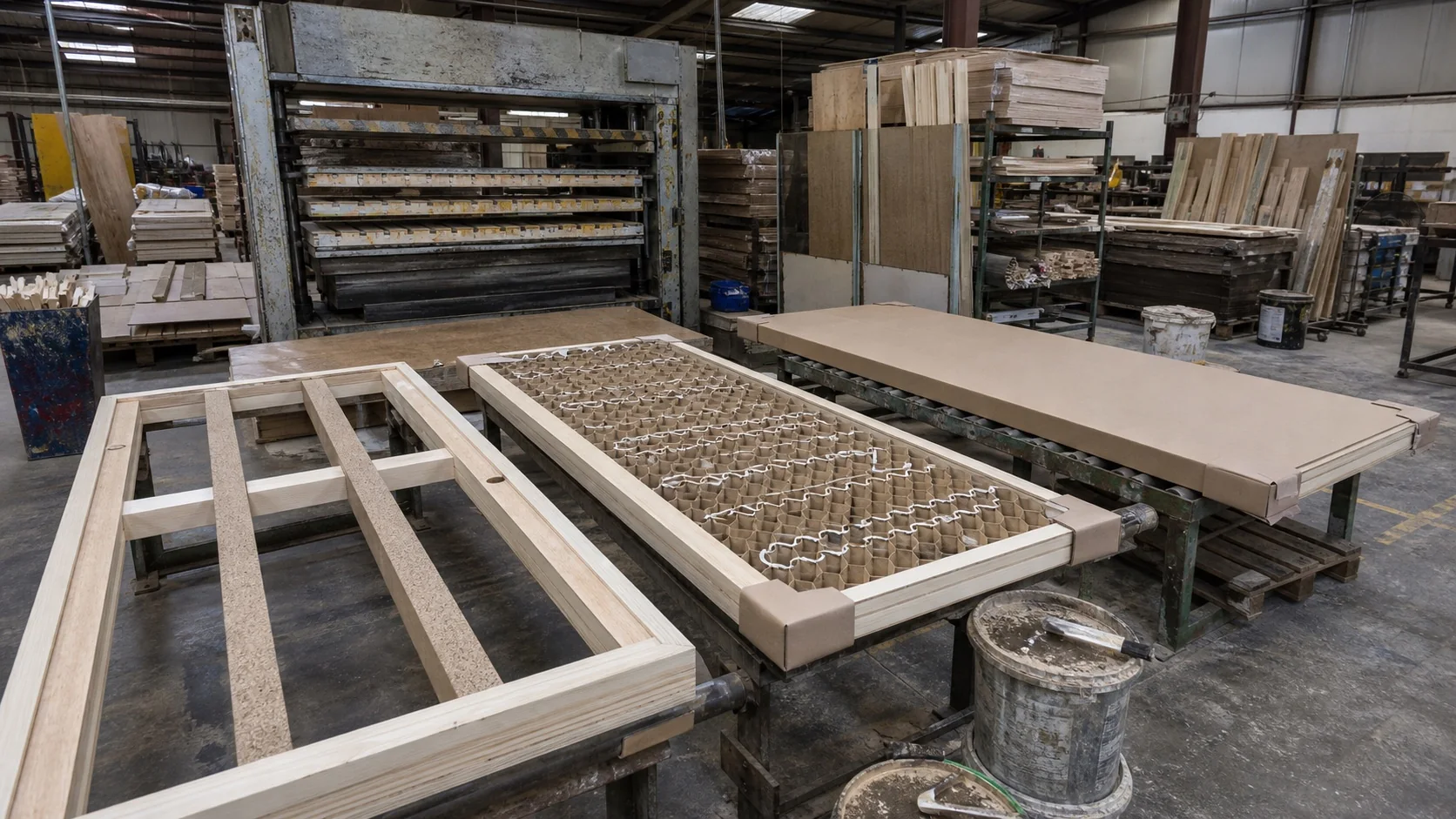 Workers assembling an engineered interior door core at a production station
