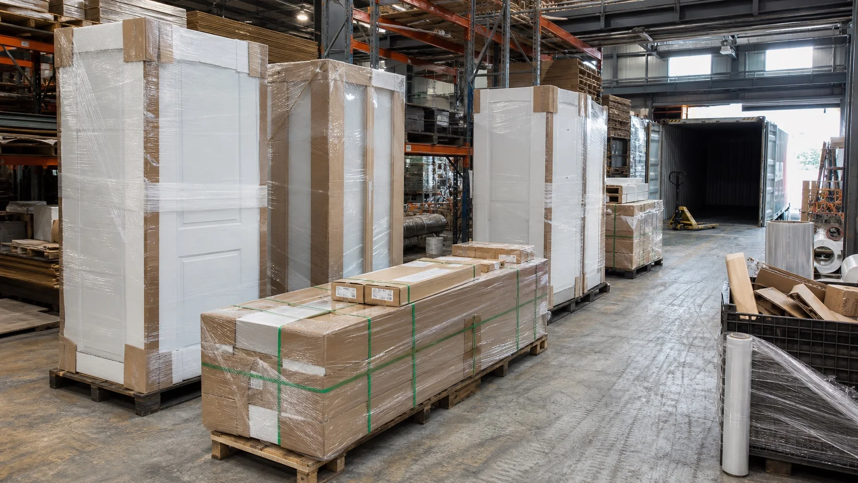 Protected door sets staged for export loading