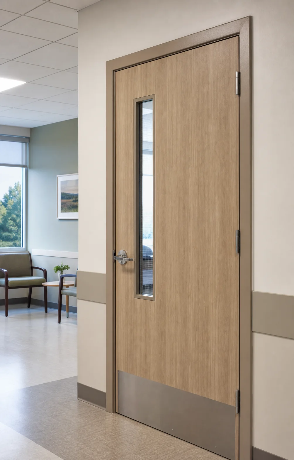 HPL-faced project door installed in a clinic corridor