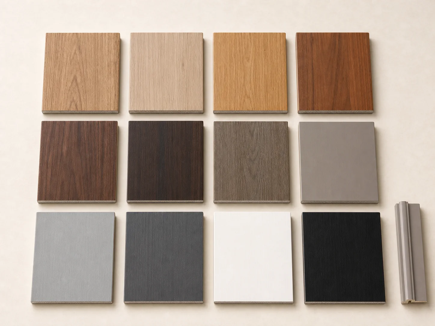 Physical WPC door finish samples in natural wood and neutral tones