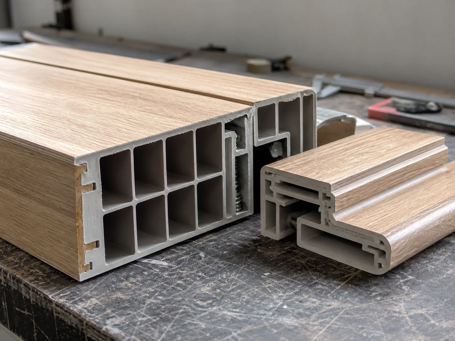 Cutaway reference of hollow-extruded WPC door leaf, frame and casing sections