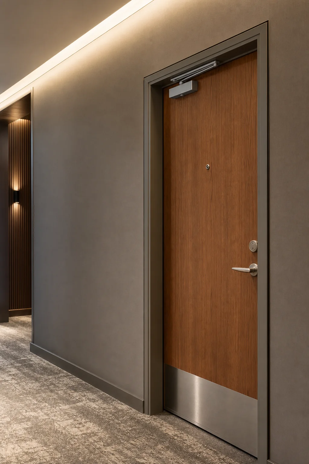 Wood-effect corridor doors in a hospitality interior