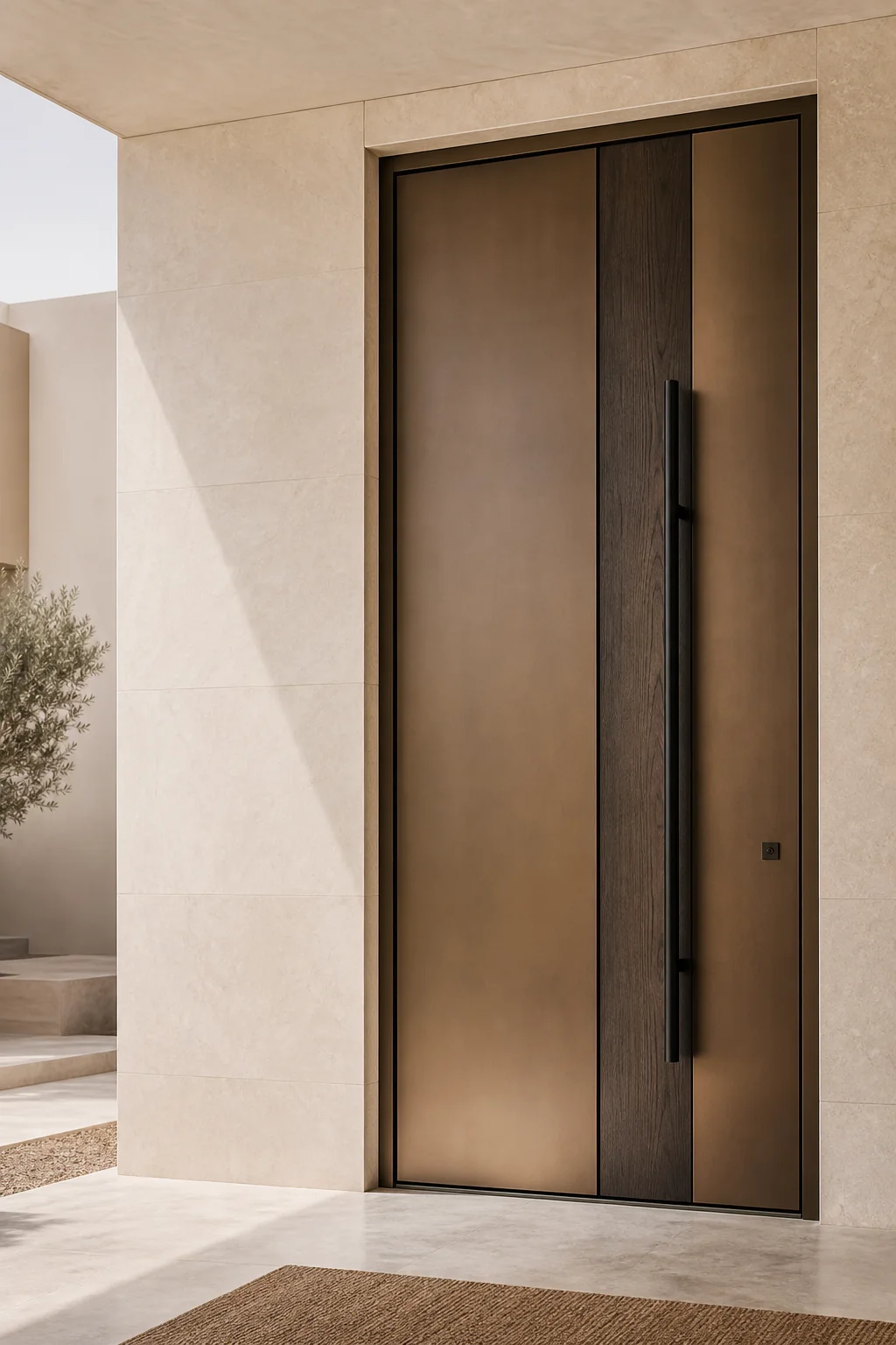 Warm timber and bronze entrance door in a GCC-style villa