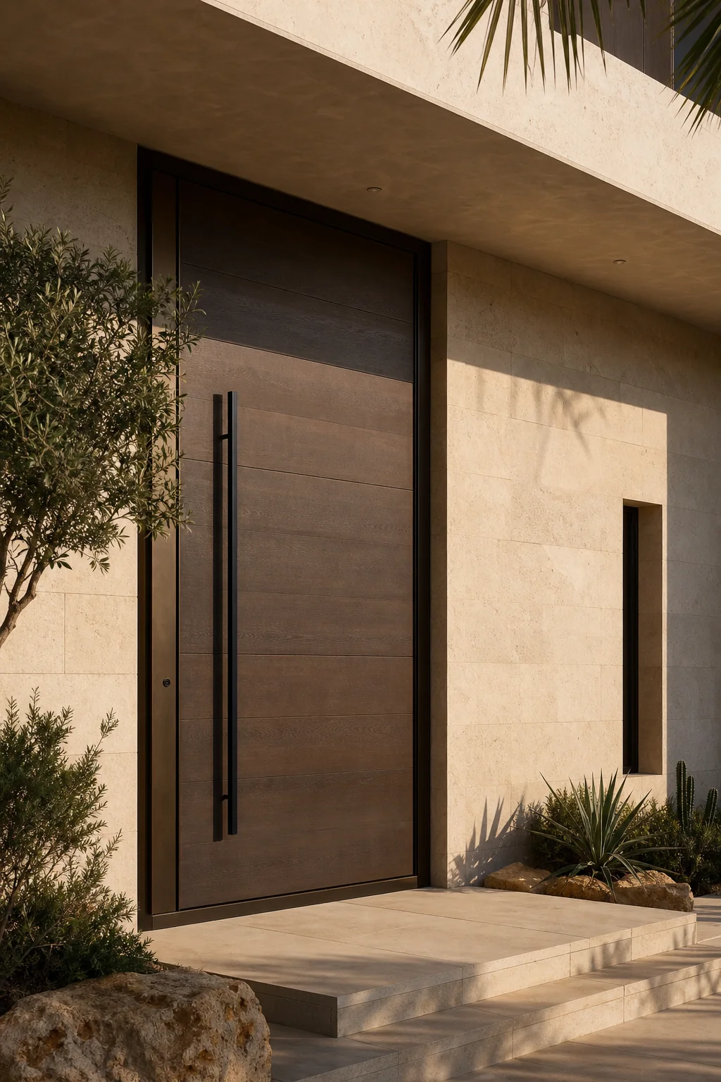 Contemporary timber entrance door installed in a modern villa