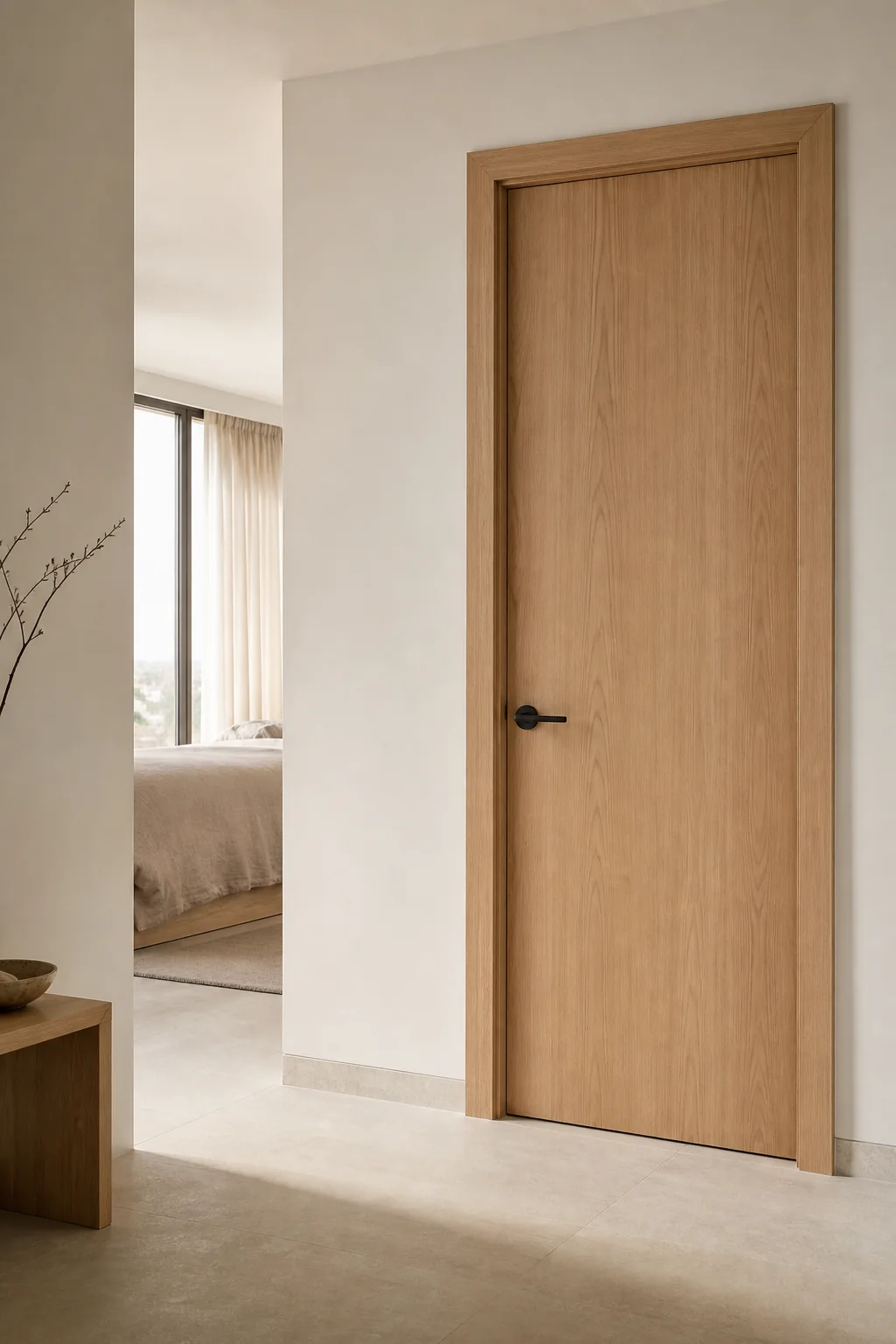 Light oak interior door in a contemporary apartment