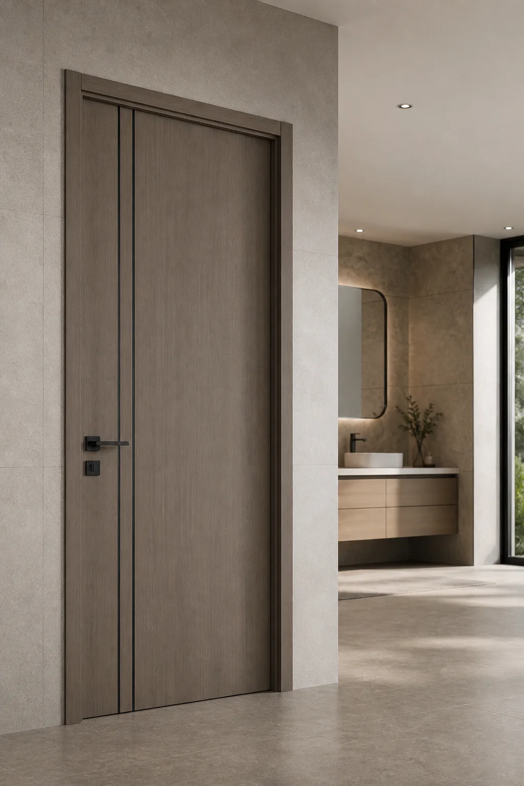 Natural wood-look WPC door beside a contemporary bathroom